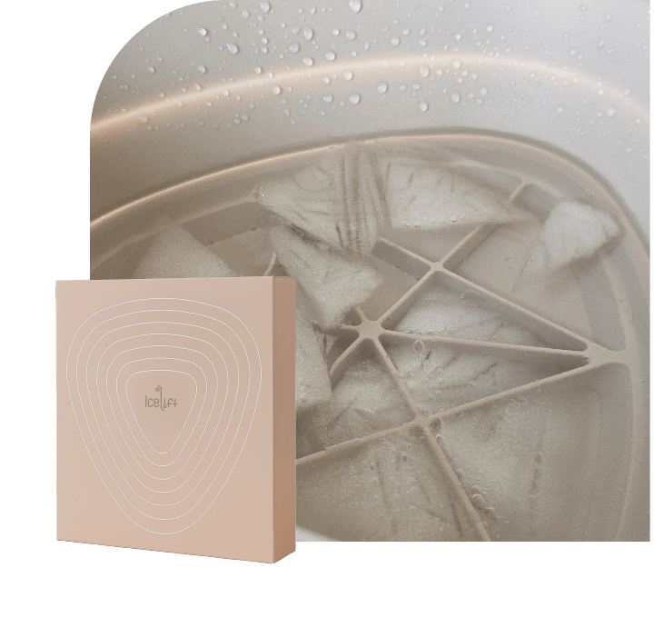 | Icelift Beige IceLift product box featuring concentric rings placed in front of a close up washing machine drum with droplets and ice like shards in the background