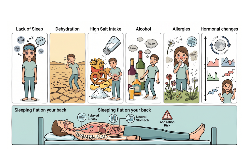 Infographic of six sleep disruptors lack of sleep dehydration high salt intake alcohol allergies and hormonal changes with a person sleeping on their back